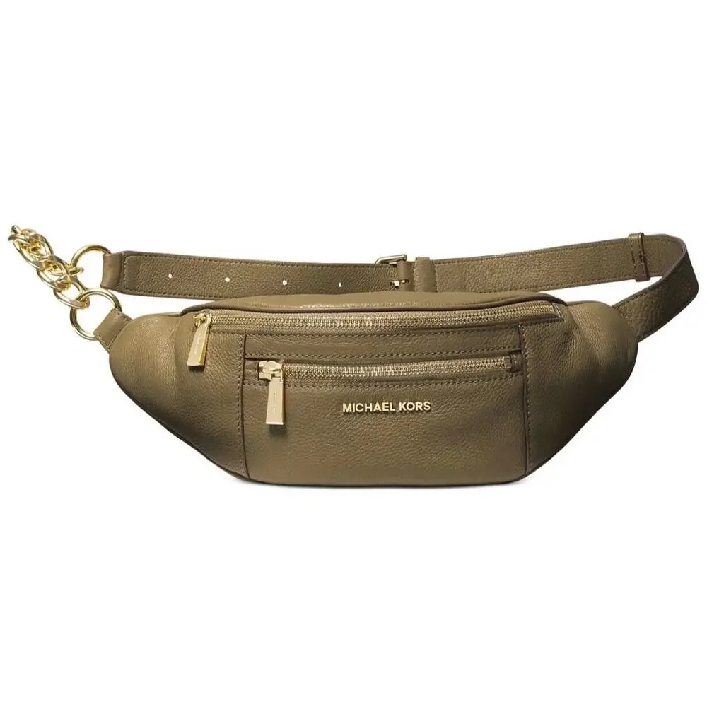 Michael Kors Mott Medium Belt Bag in an olive green pebbled leather finish